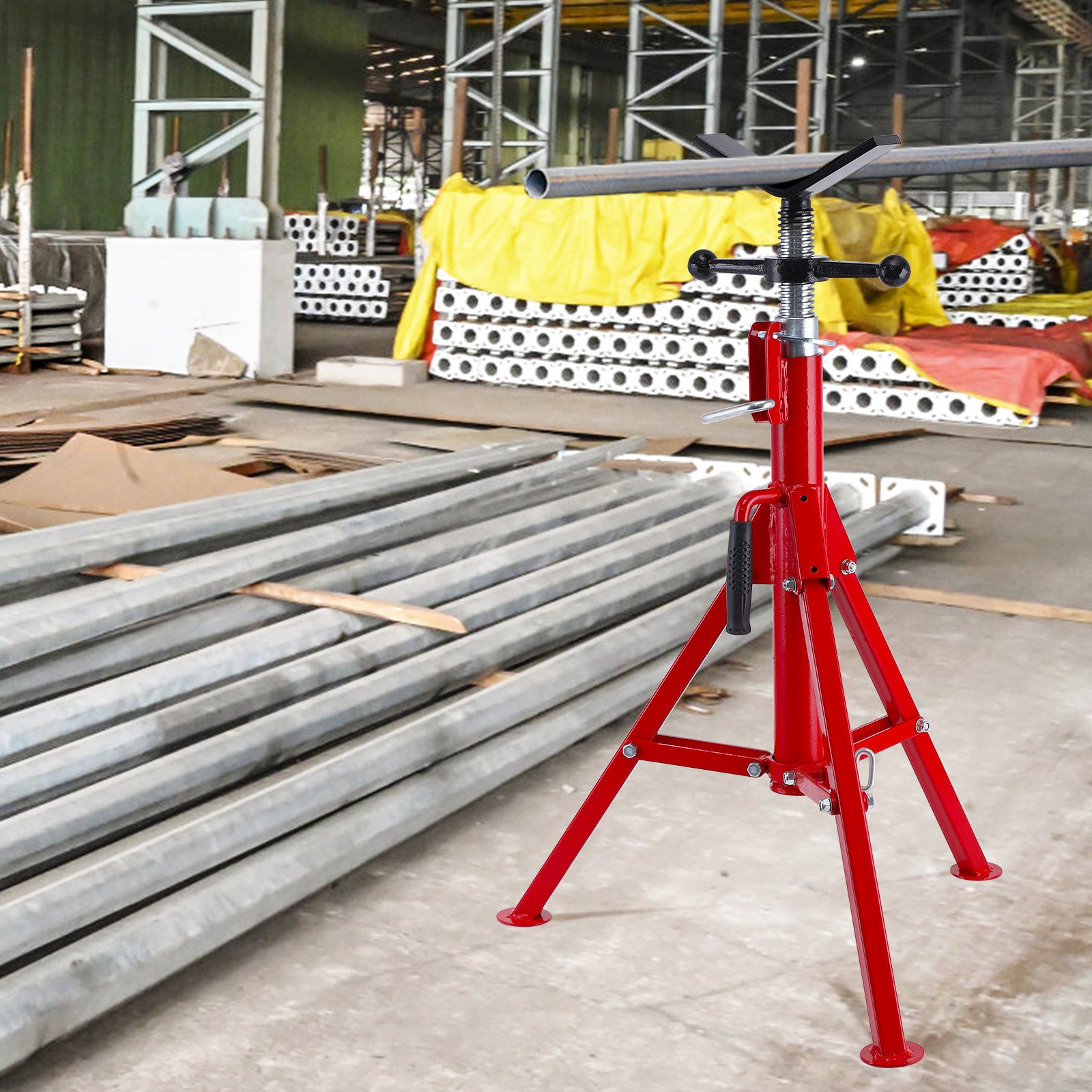 Garvee Soporte de elevación para tubo con cabeza en V, capacidad 0.32-30.48cm, altura ajustable 71.12-132.08cm, acero al carbono, plegable y portátil, trípode estable para uso industrial