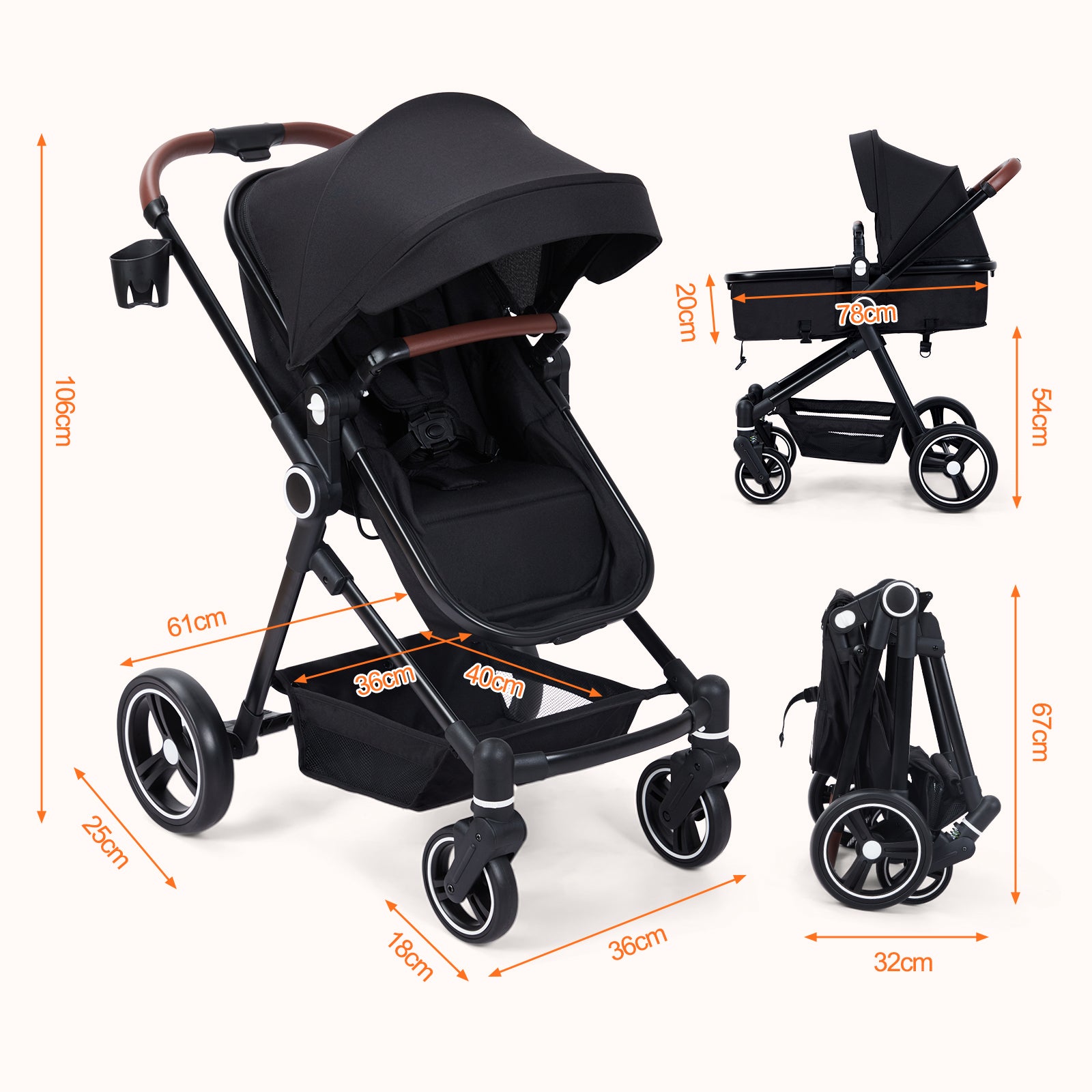 Garvee Cochecito Bebé 2en1 Alto Visión S600 Sistema Viaje Compacto Ligero Reversible Plegable Negro
