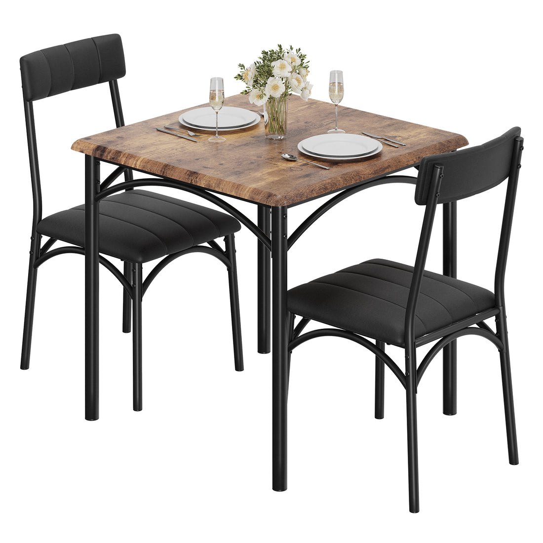 Garvee Juego De Comedor Para 2 Personas Con Mesa Cuadrada Y Sillas Tapizadas, Estructura De Acero, Diseño Compacto, Vintage, Ideal Para Apartamentos