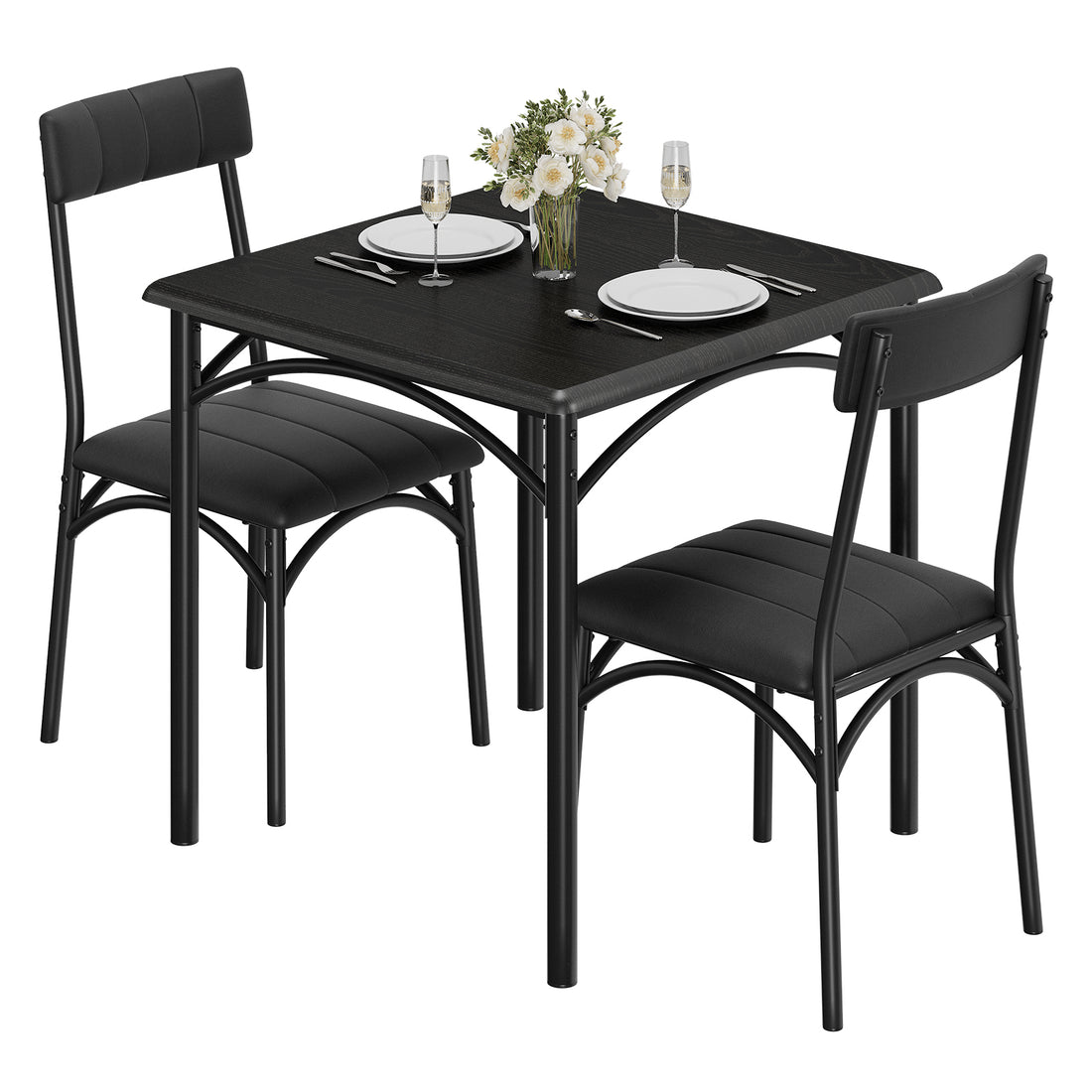 Garvee Conjunto de mesa de comedor Garvee para 2 personas con 2 sillas acolchadas, mesa y sillas cuadradas para cocina, espacios pequeños, apartamento, negro profundo, 74x74x76cm