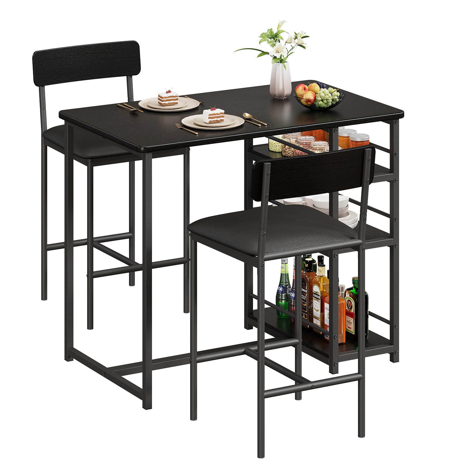 Garvee Bartisch Set de 3 piezas con 2 taburetes acolchados, mesa de cocina con 3 estantes para comedor, cocina, 91.5x50x91.5cm, Negro