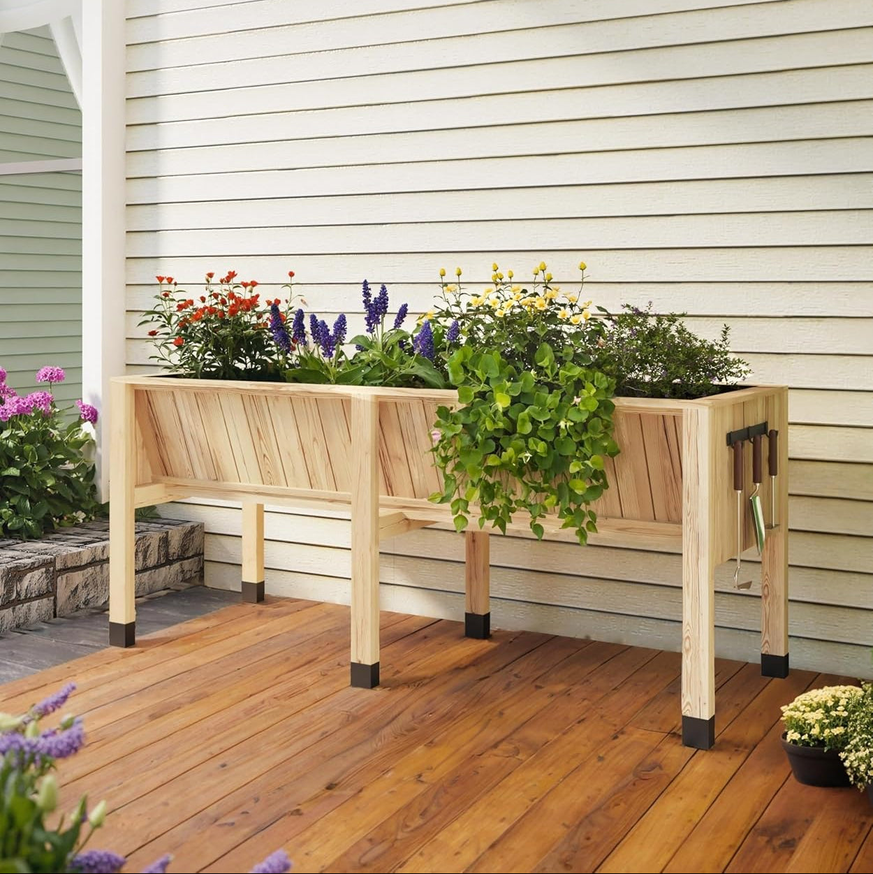 Garvee Cama de Jardín Elevada de Madera de Abeto con Ganchos para Cultivo de Plantas en Patio o Balcón 116.5x60x77cm Color Natural