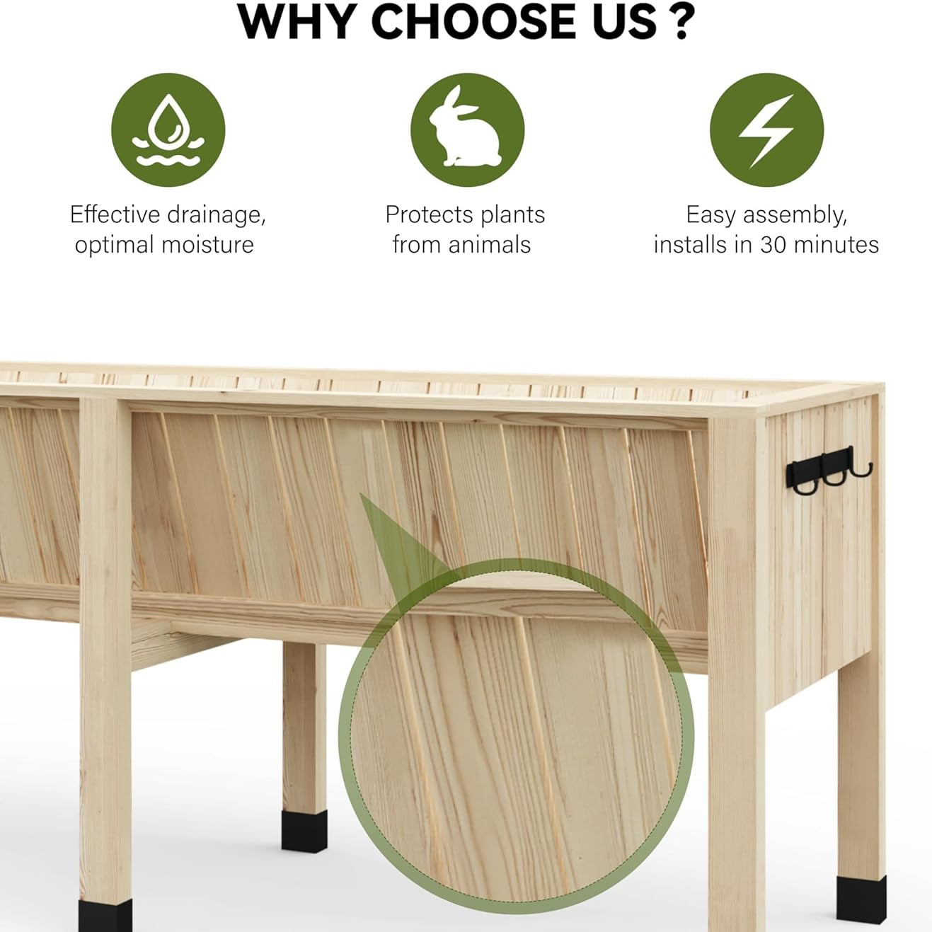 Garvee Cama de Jardín Elevada de Madera de Abeto con Ganchos para Cultivo de Plantas en Patio o Balcón 116.5x60x77cm Color Natural