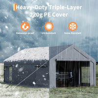 Garvee Garaje Portátil 7,6x3,9 m, Carpa de PE 220 g, Estructura de Acero Galvanizado, Puertas Enrollables y Ventilación, para Vehículos y Taller Temporal, Gris