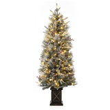 Garvee 140 cm Árbol de Navidad Artificial Preiluminado con Maceta Vintage, Luces Blancas Cálidas, Acebos Rojos, Decoración para Oficina en Casa - Maceta con soporte