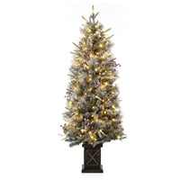 Garvee 140 cm Árbol de Navidad Artificial Preiluminado con Maceta Vintage, Luces Blancas Cálidas, Acebos Rojos, Decoración para Oficina en Casa