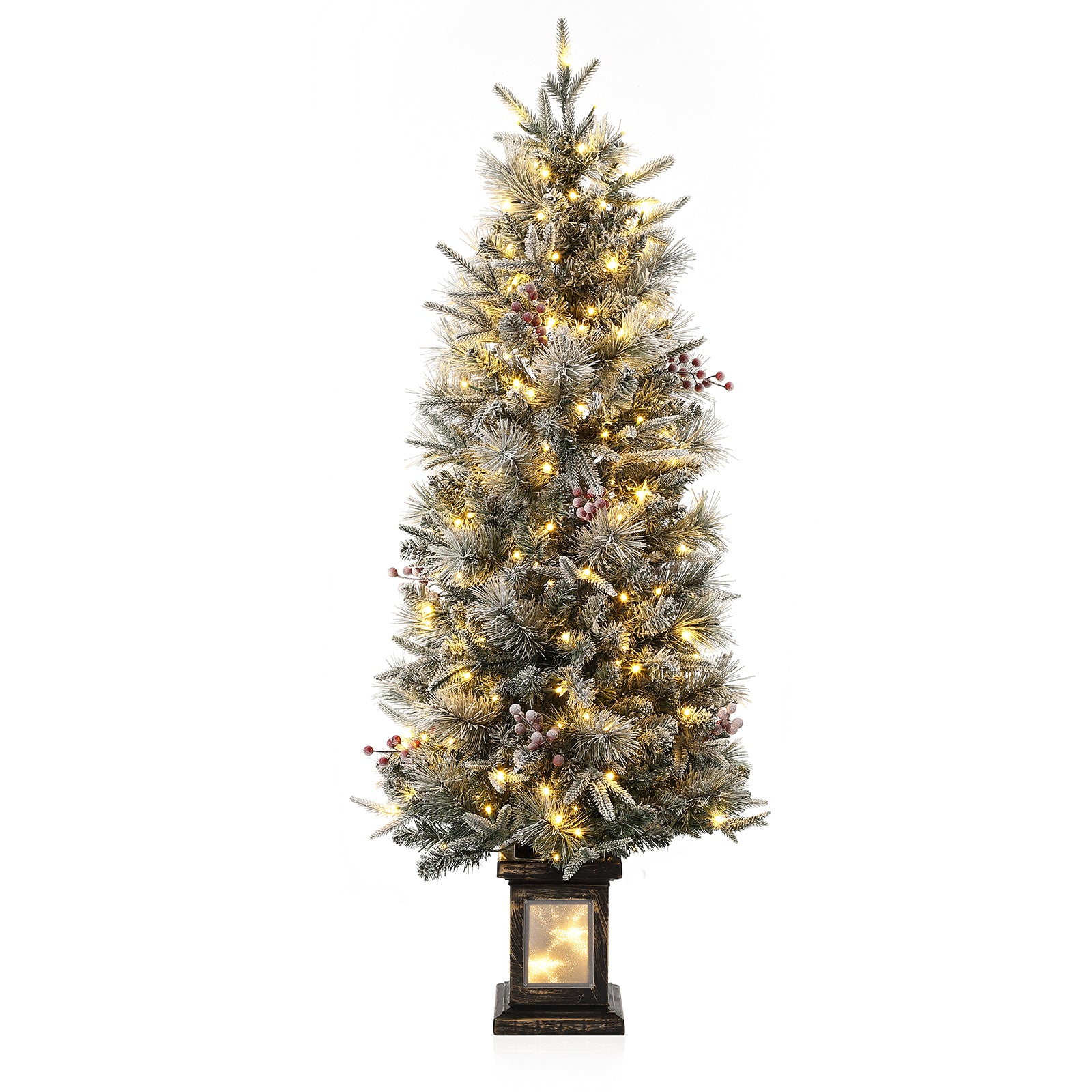 Garvee Árbol de Navidad Artificial 140cm Preiluminado Maceta Vintage 200 Luces Cálidas 8 Modos Acebos Rojos Escarchado Florido Caja de Luces de Nieve Decoración Hogar Oficina