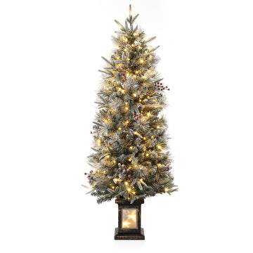 Garvee Árbol de Navidad Artificial 140cm Preiluminado Maceta Vintage 200 Luces Cálidas 8 Modos Acebos Rojos Escarchado Florido Caja de Luces de Nieve Decoración Hogar Oficina