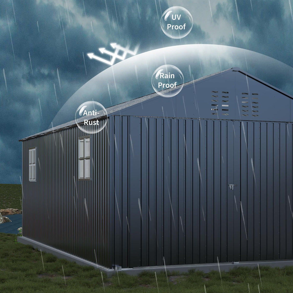 Garvee Carpa de Garaje Metálica Totalmente Cerrada con Puerta de Bisagra Techo Vertical Reforzado Acero Galvanizado 365x610x270 cm Gris