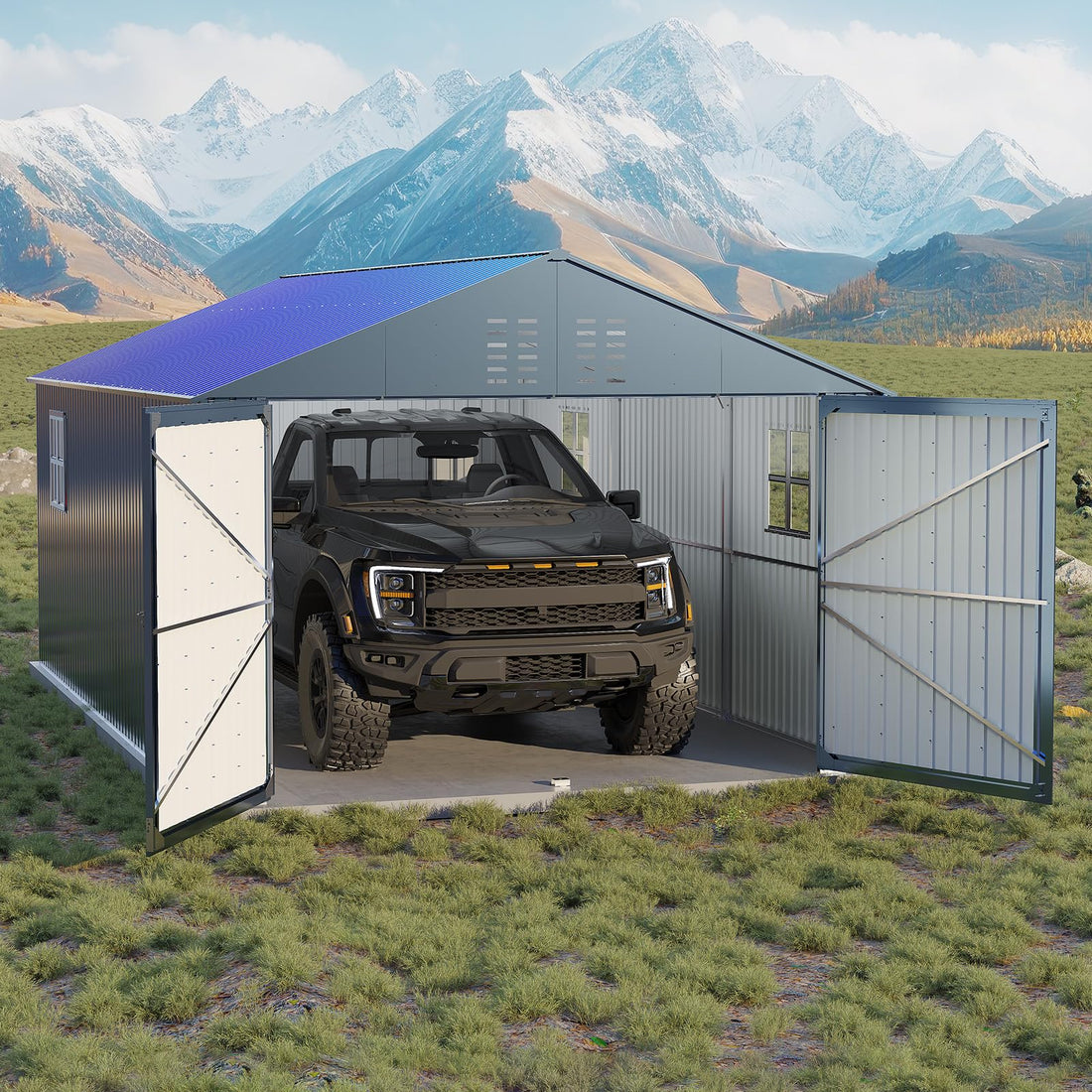 Garvee Carpa de Garaje Metálica Totalmente Cerrada con Puerta de Bisagra Techo Vertical Reforzado Acero Galvanizado 365x610x270 cm Gris