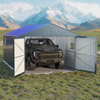 Garvee Carpa de Garaje Metálica Totalmente Cerrada con Puerta de Bisagra Techo Vertical Reforzado Acero Galvanizado 365x610x270 cm Gris