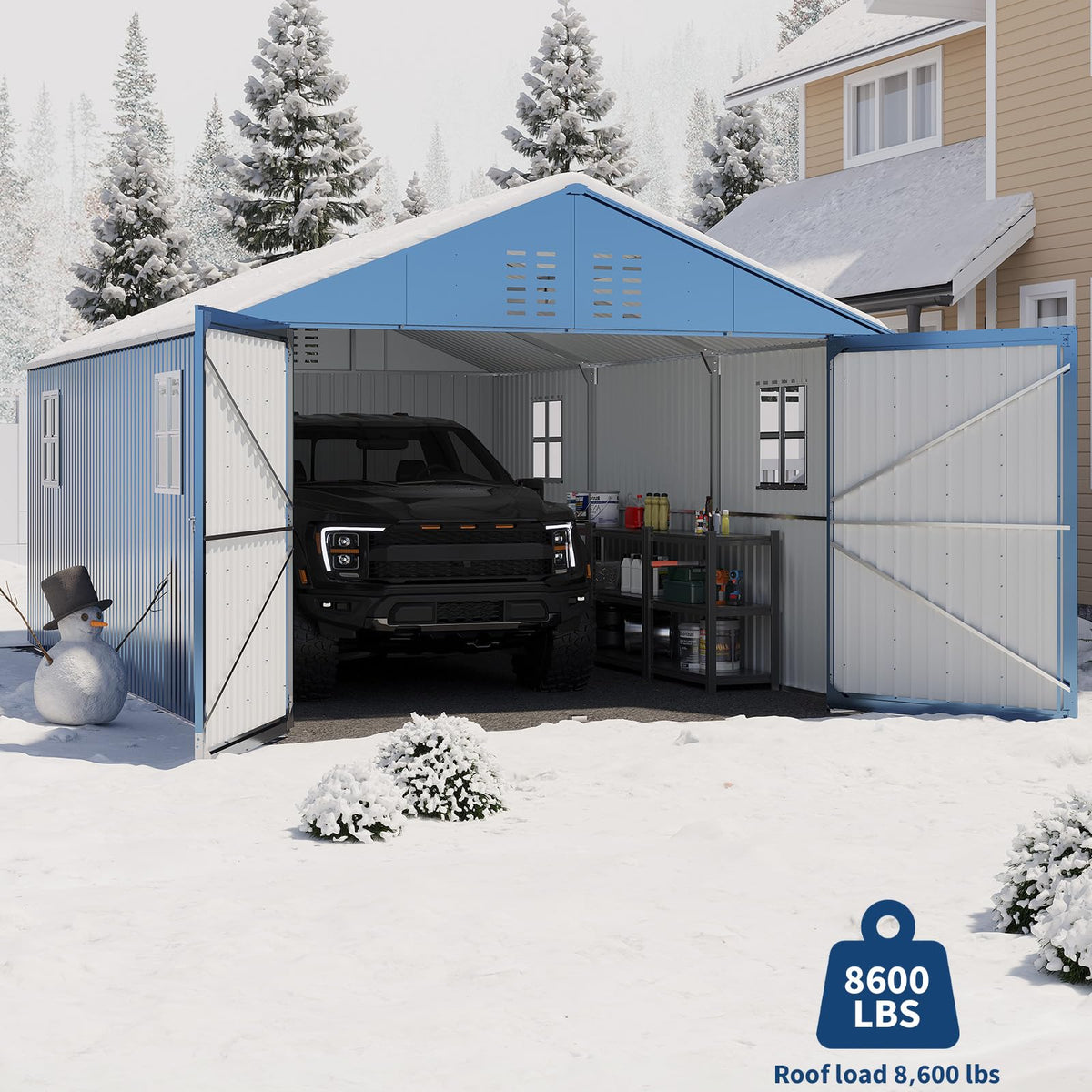 Garvee Carpa de Garaje Metálica Totalmente Cerrada con Puerta de Bisagra Techo Vertical Reforzado Acero Galvanizado 365x610x270 cm Gris