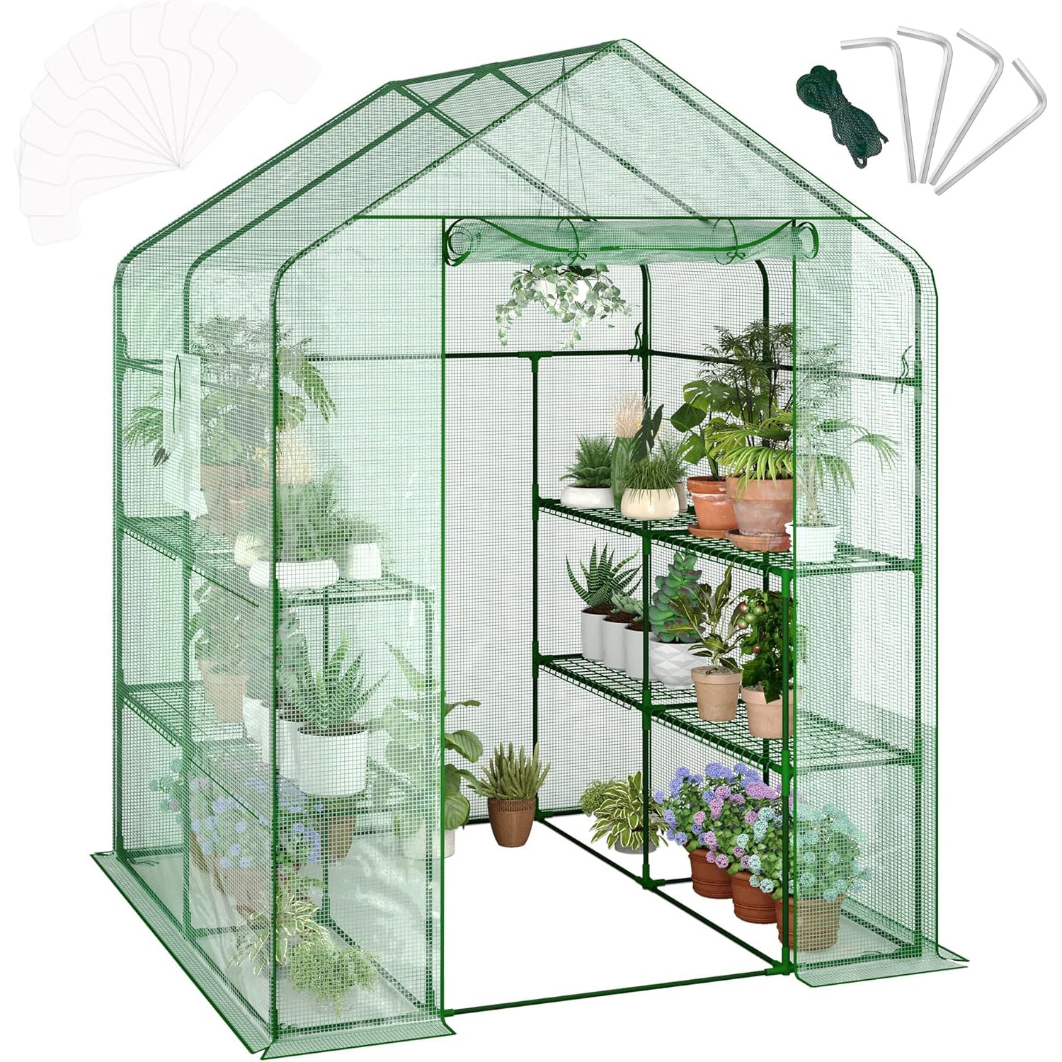 Garvee Invernadero Mini Walk-In Forma Casa 145x74x196 cm 3 Niveles 4 Estantes 1 Puerta 2 Ventanas Anclajes Incluidos Cubierta PE Transparente Jardines Interior Exterior Verde