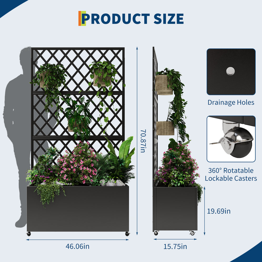 Garvee Jardinera Elevada de Acero Galvanizado con Enrejado y Pantalla de Privacidad para Patio y Balcón 180 × 117 × 41 cm