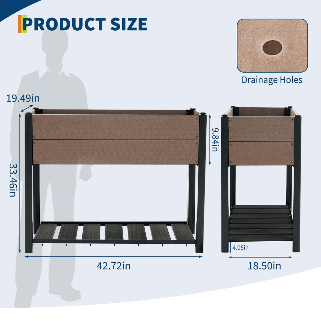 Garvee Huerto Elevado 109×85 cm HDPE con Estante y Soporte de Aluminio Negro, Resistente a la Intemperie, Ideal para Patio y Balcón