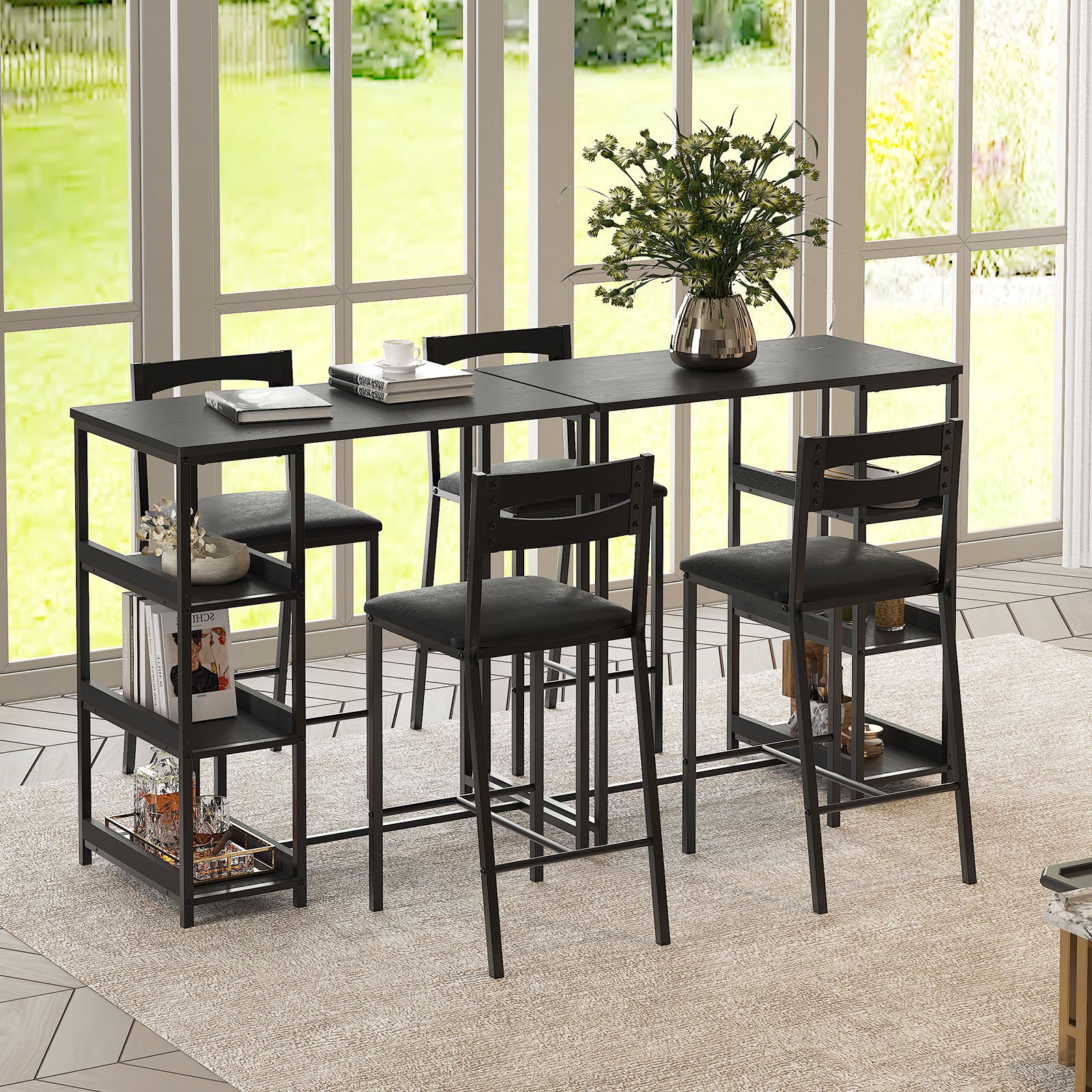 Garvee Juego De Comedor 3 Piezas Con Estantes De Almacenamiento, Sillas Acolchadas, Estructura De Hierro Y Madera, Compacto Para Apartamentos, Negro
