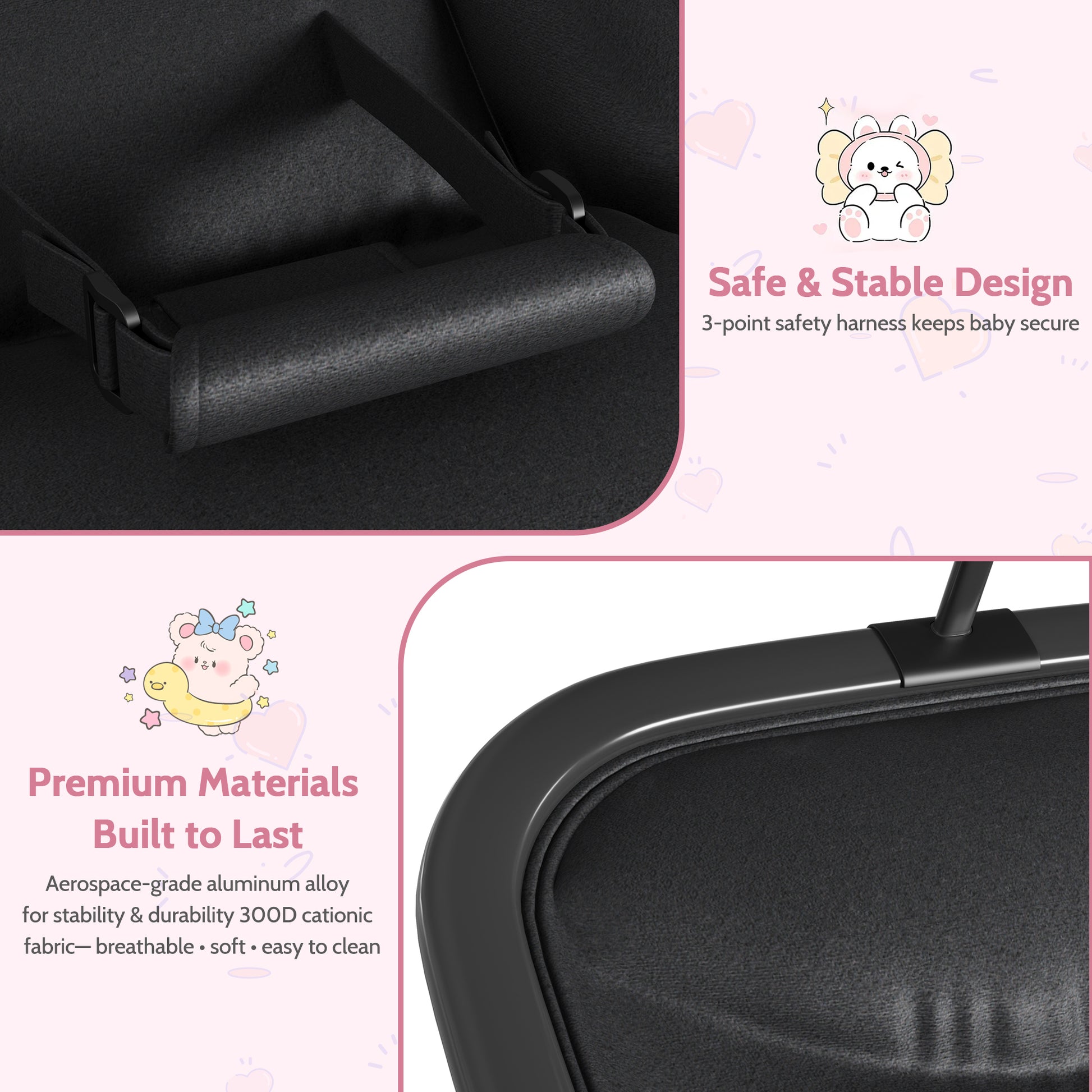 Garvee Mecedora para Bebés de Aluminio y Tela 300D Catiónica, Material Resistente, Apta para Diversas Escenas, Ideal para Uso en Europa, Negro