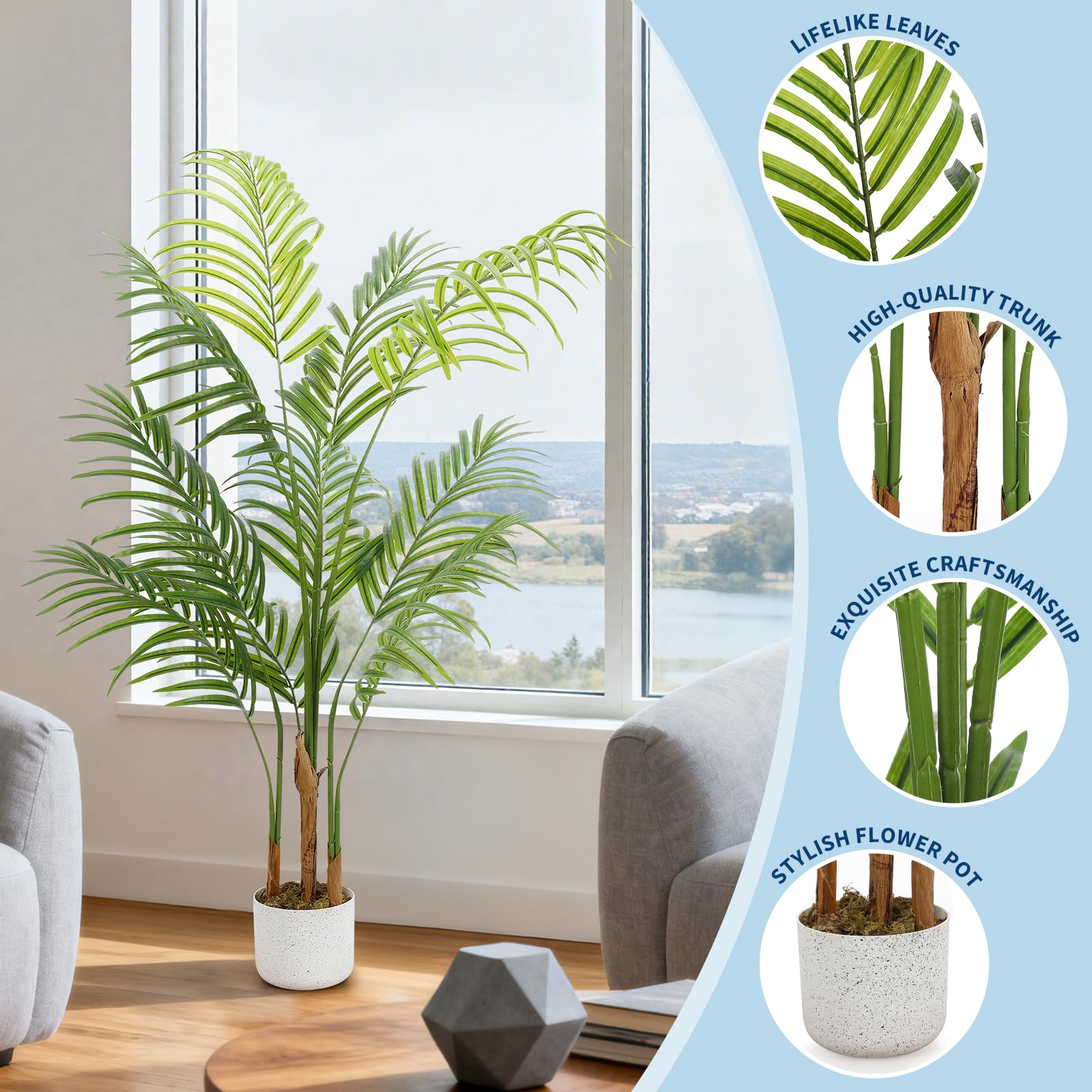 Garvee Palma Areca Artificial Plant 120cm, PEVA Leaves, Flexible, Durable, Maintenance-Free, Ideal for Living Room and Office, Green
