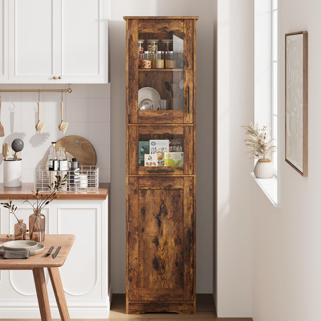 Garvee Meuble De Rangement Autoportant 170 cm Avec 4 Puertas Et Cajón En Vidrio, MDF Resistente, Estantes Ajustables Para Baño Et Salón, Diseño Moderno Vintage