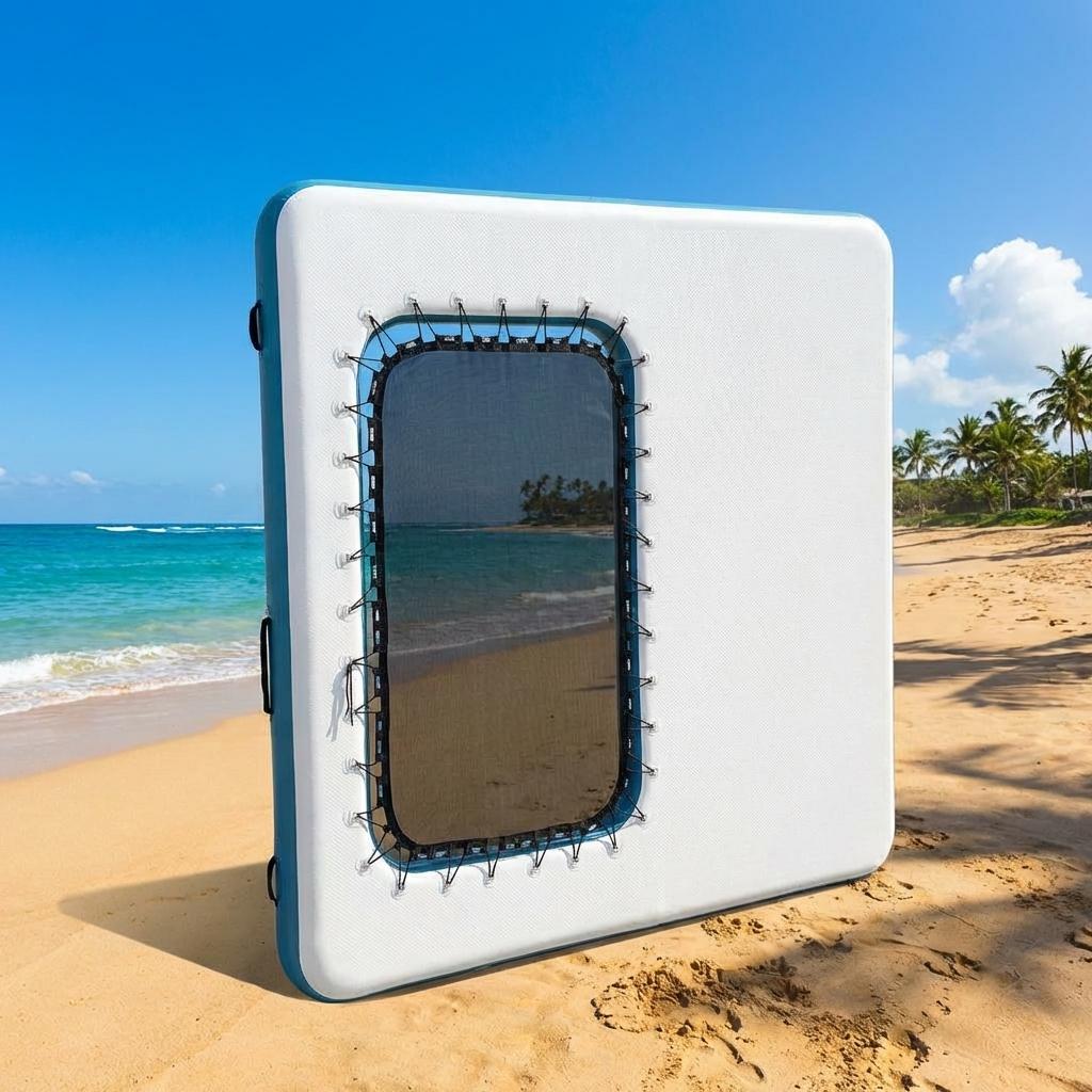 Garvee Hamaca Inflable Acuática Cuadrada de 305 cm, Plataforma Flotante con Trampolín de Malla para Lago y Piscina, Blanco y Azul Pavo Real