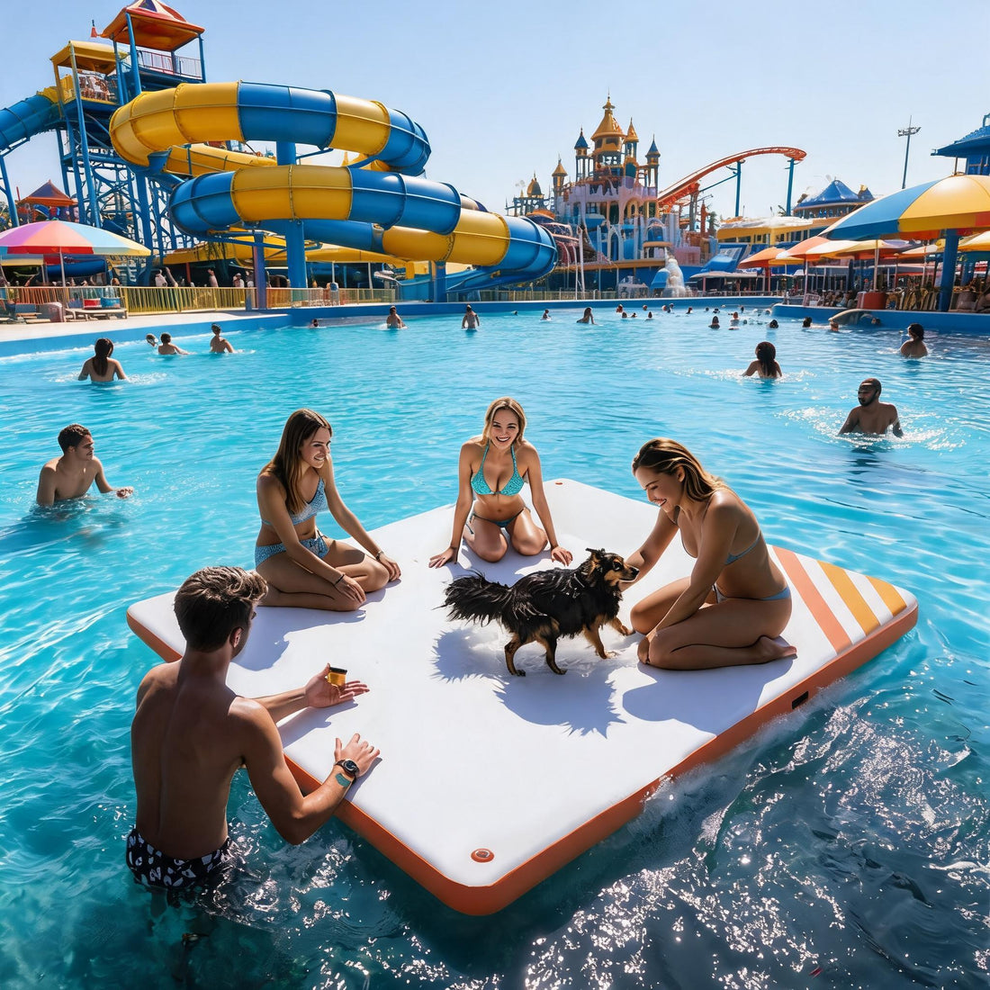 Garvee Plataforma Inflable Flotante de 183x152 cm, Muelle Acuático de PVC con Escalera Desmontable, Bomba Manual y Bolsa de Almacenamiento, Blanco y Naranja