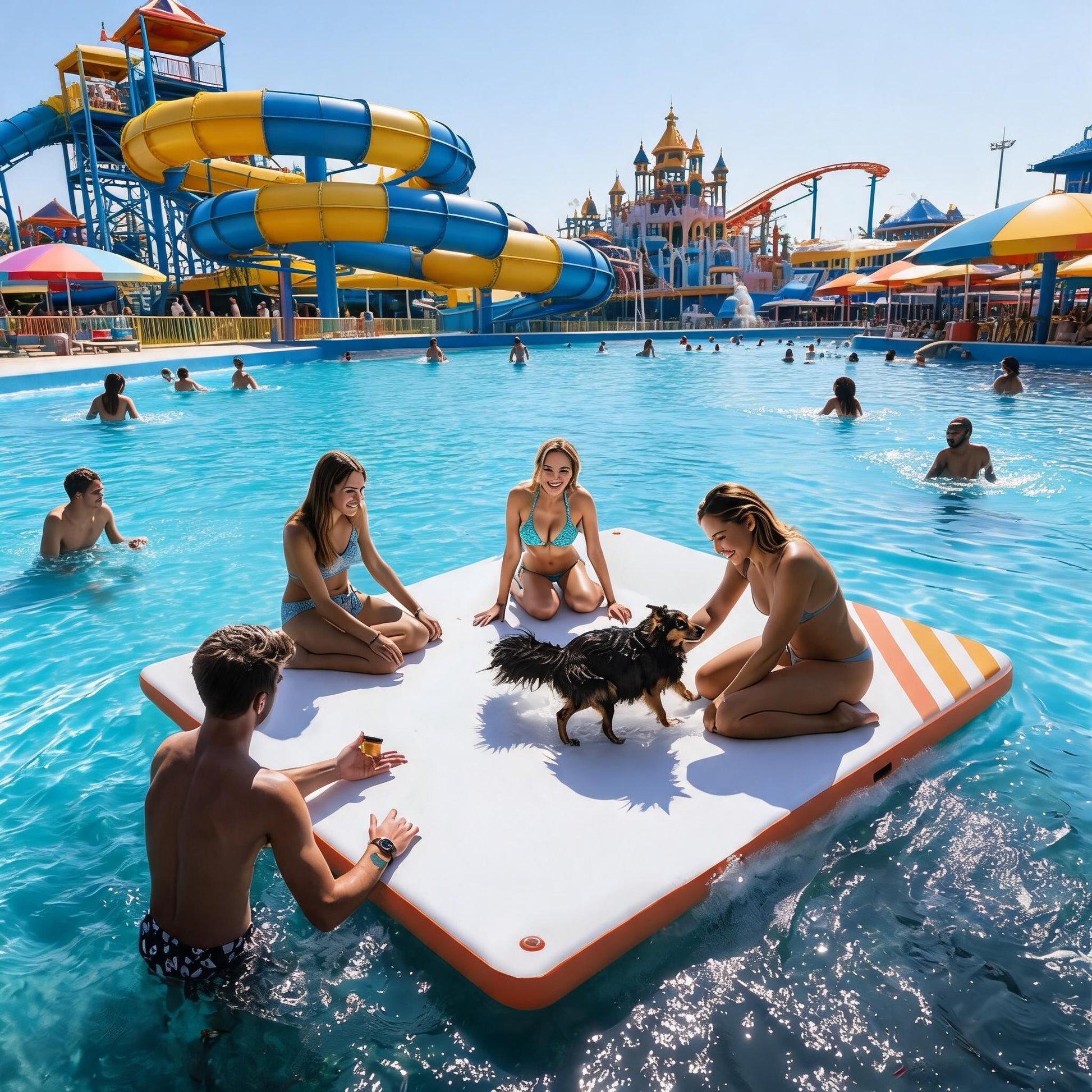 Garvee Plataforma Inflable Flotante de 305x183 cm, Muelle Acuático de PVC con Escalera Desmontable, Bomba Manual y Bolsa de Almacenamiento, Blanco y Naranja