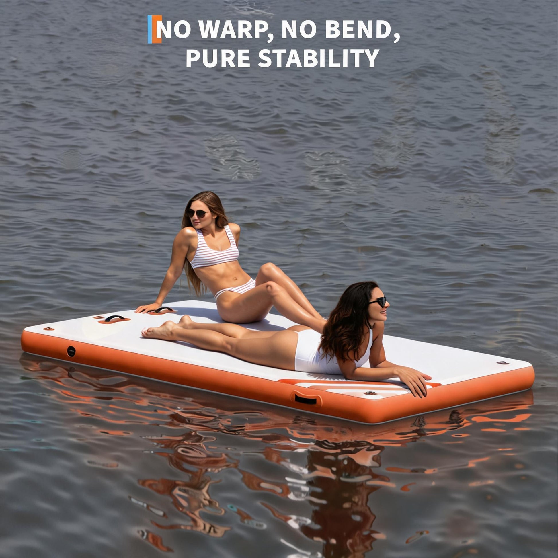 Garvee Plataforma Inflable Flotante de 305x183 cm, Muelle Acuático de PVC con Escalera Desmontable, Bomba Manual y Bolsa de Almacenamiento, Blanco y Naranja