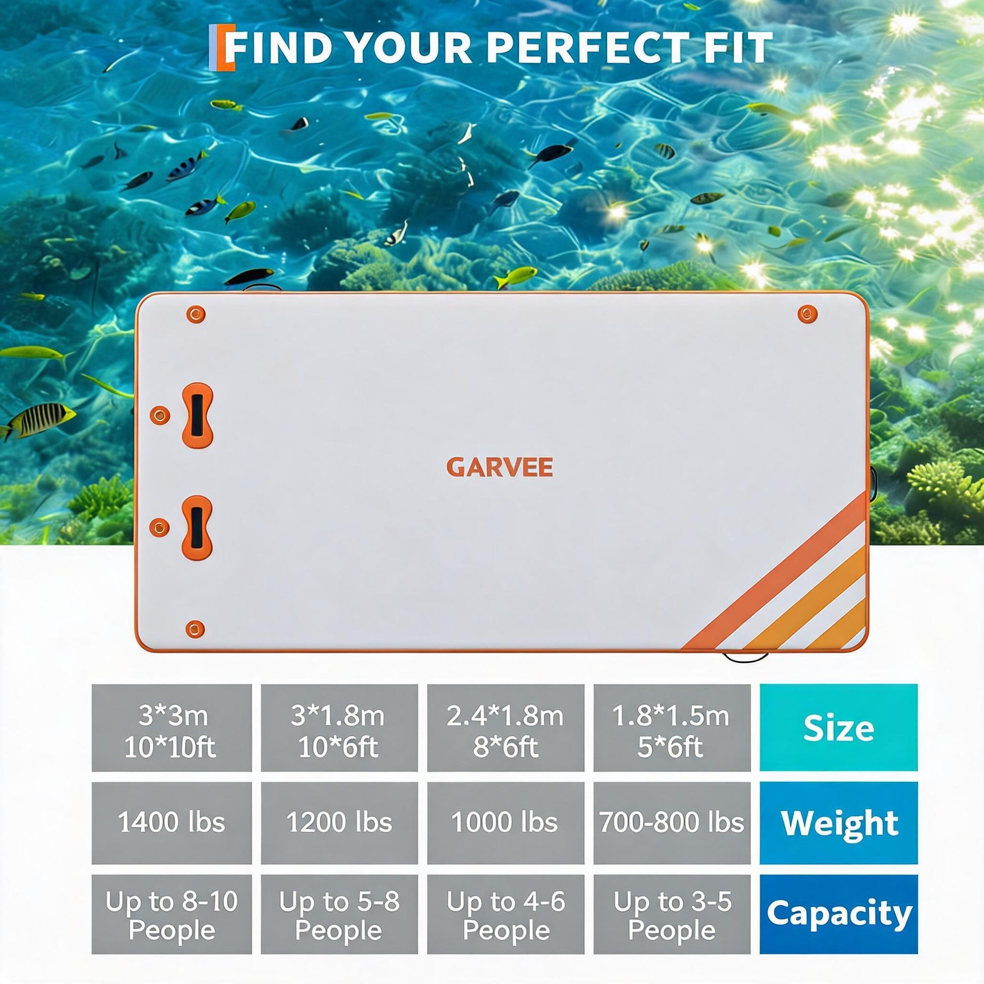 Garvee Plataforma Inflable Flotante de 305x183 cm, Muelle Acuático de PVC con Escalera Desmontable, Bomba Manual y Bolsa de Almacenamiento, Blanco y Naranja