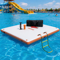 Garvee Plataforma Inflable Flotante de 305x183 cm, Muelle Acuático de PVC con Escalera Desmontable, Bomba Manual y Bolsa de Almacenamiento, Blanco y Naranja