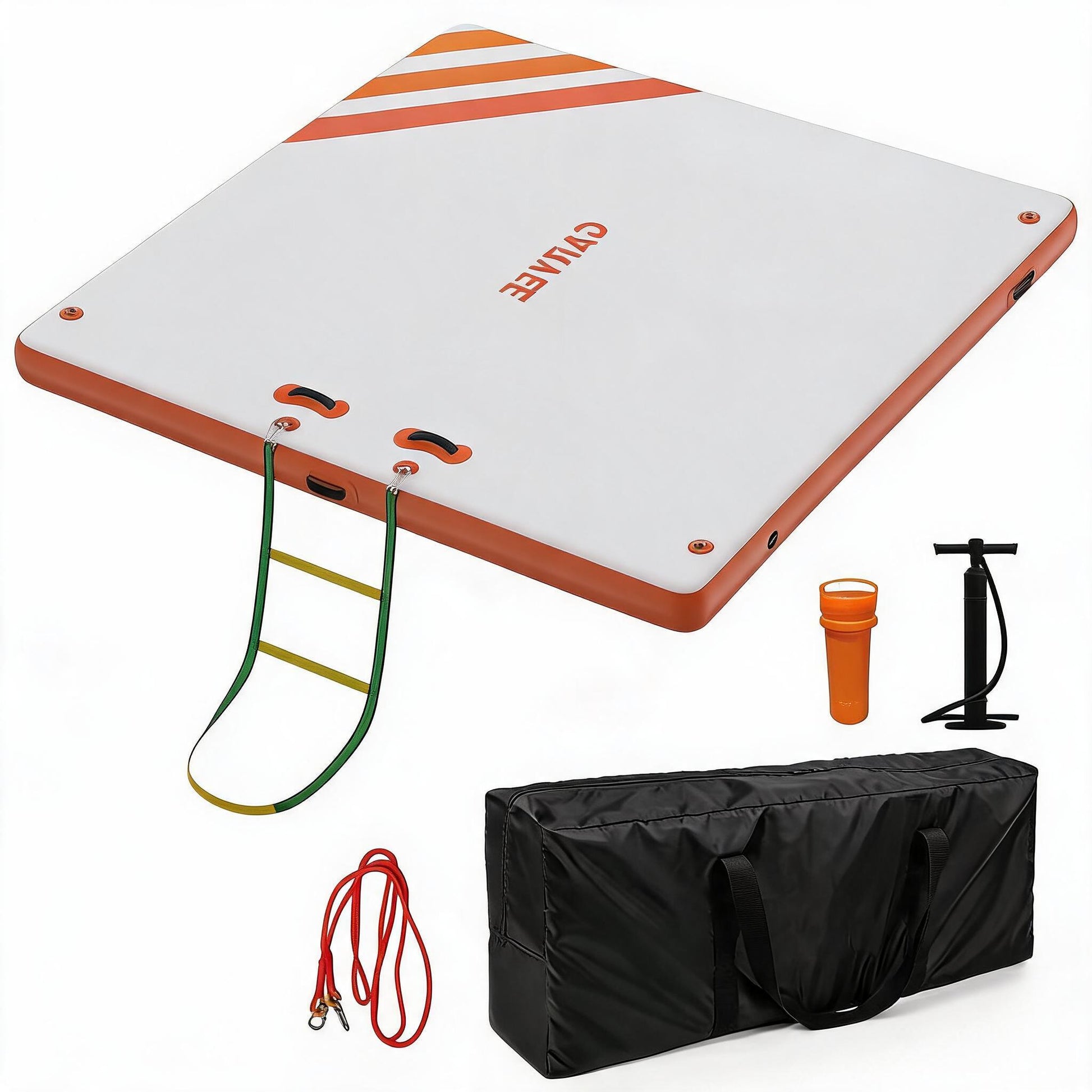 Garvee Plataforma Inflable Flotante de 305x183 cm, Muelle Acuático de PVC con Escalera Desmontable, Bomba Manual y Bolsa de Almacenamiento, Blanco y Naranja