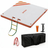 Garvee Plataforma Inflable Flotante de 305x183 cm, Muelle Acuático de PVC con Escalera Desmontable, Bomba Manual y Bolsa de Almacenamiento, Blanco y Naranja