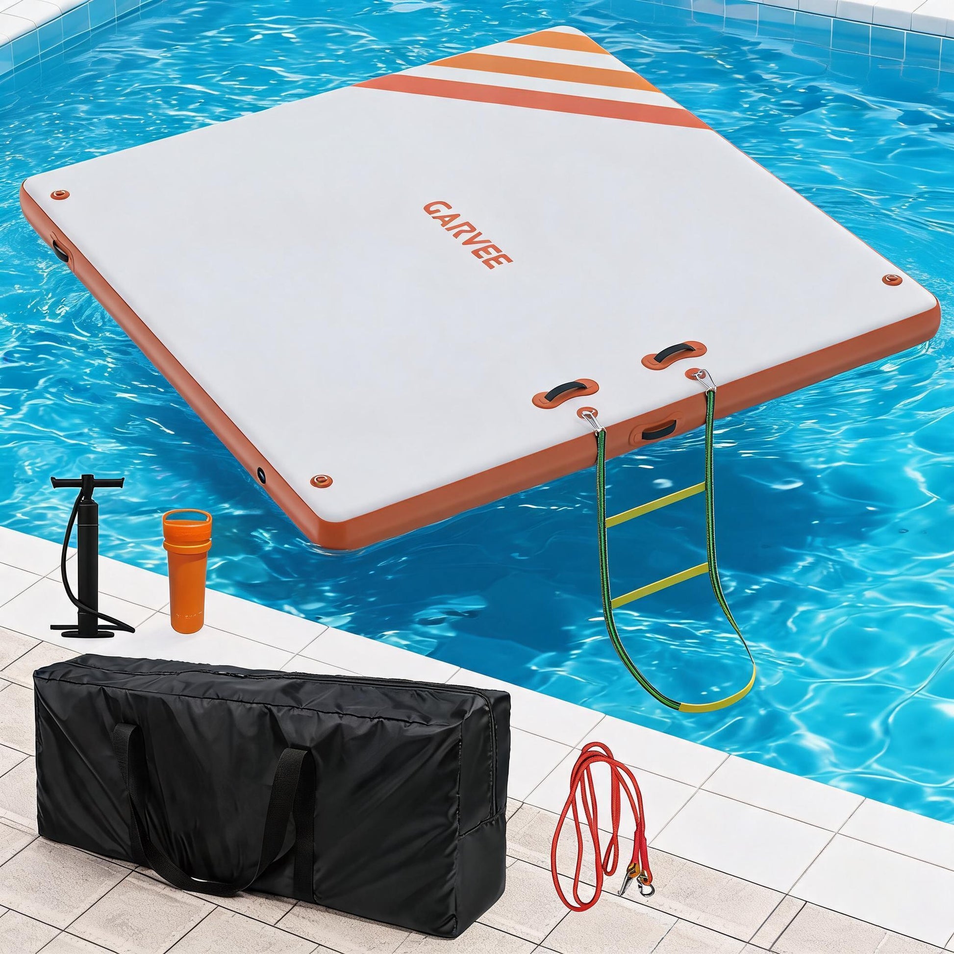 Garvee Plataforma Inflable Flotante de 305x183 cm, Muelle Acuático de PVC con Escalera Desmontable, Bomba Manual y Bolsa de Almacenamiento, Blanco y Naranja