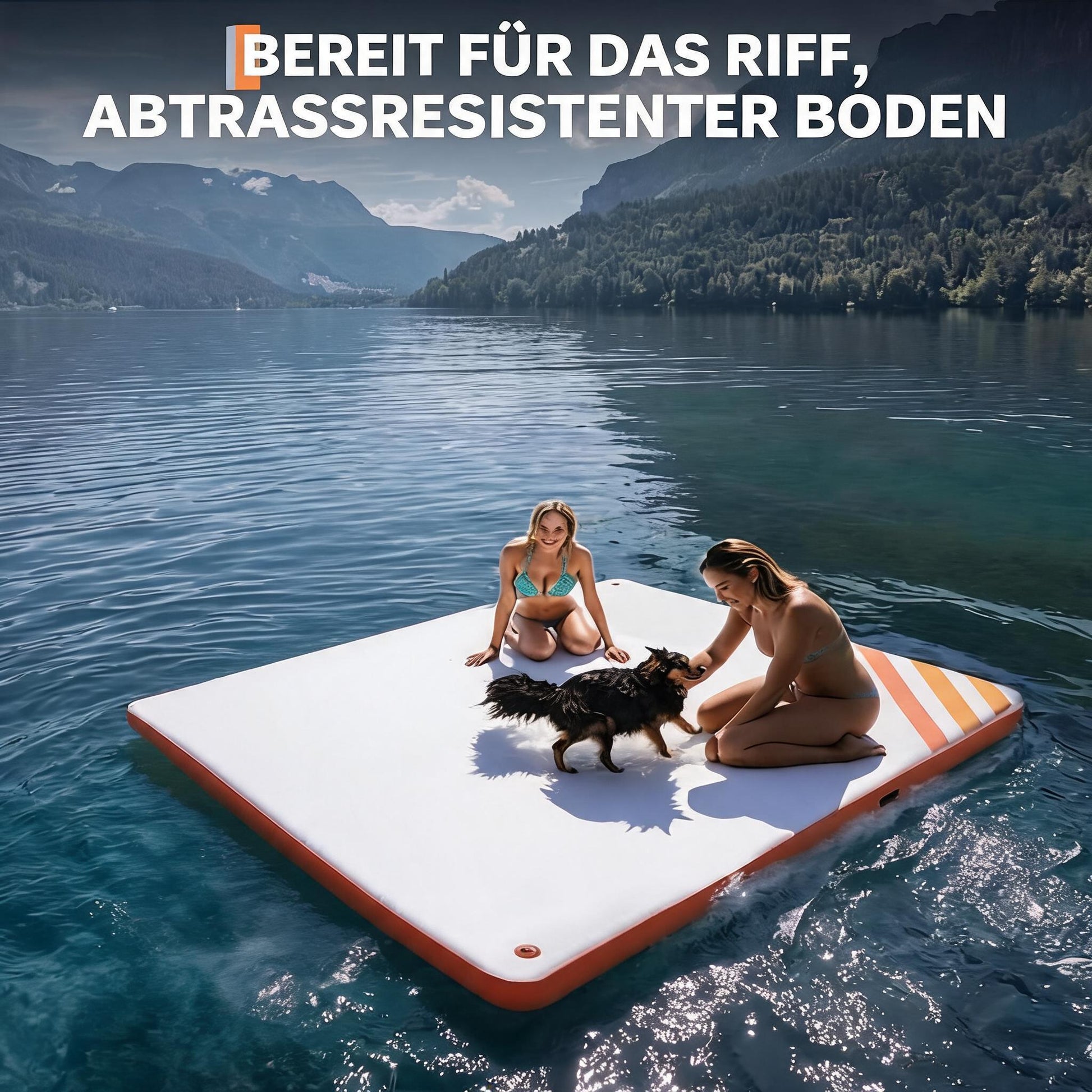 Garvee Plataforma Inflable Flotante de 305x183 cm, Muelle Acuático de PVC con Escalera Desmontable, Bomba Manual y Bolsa de Almacenamiento, Blanco y Naranja