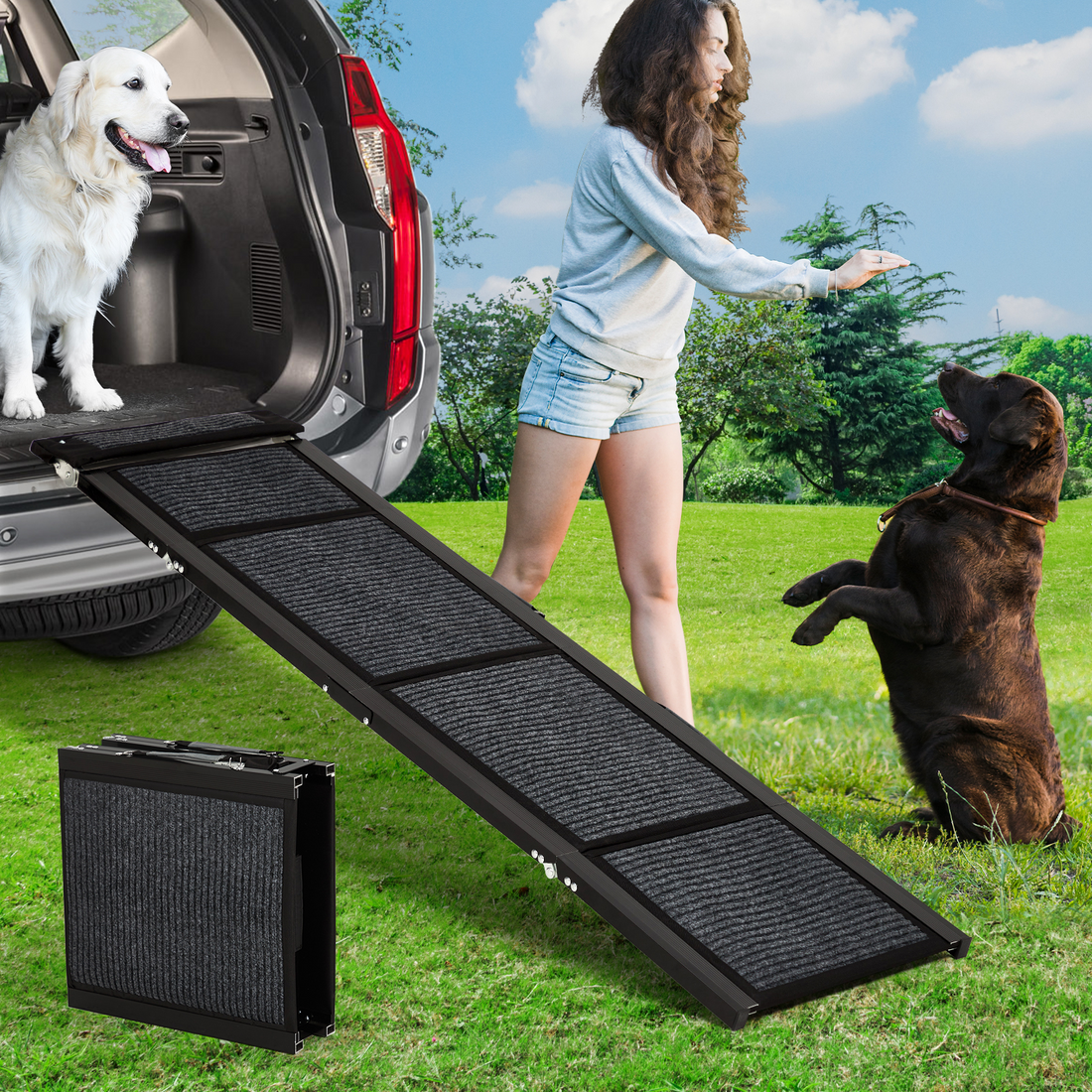 Garvee Rampa para Perros 4 Pliegues Plegable Aleación de Aluminio 1.3mm Tela No Tejida Extra Ancha Larga Antideslizante Capacidad 113.4kg para Perros Sofá Hogar y Coche 160x43.2cm