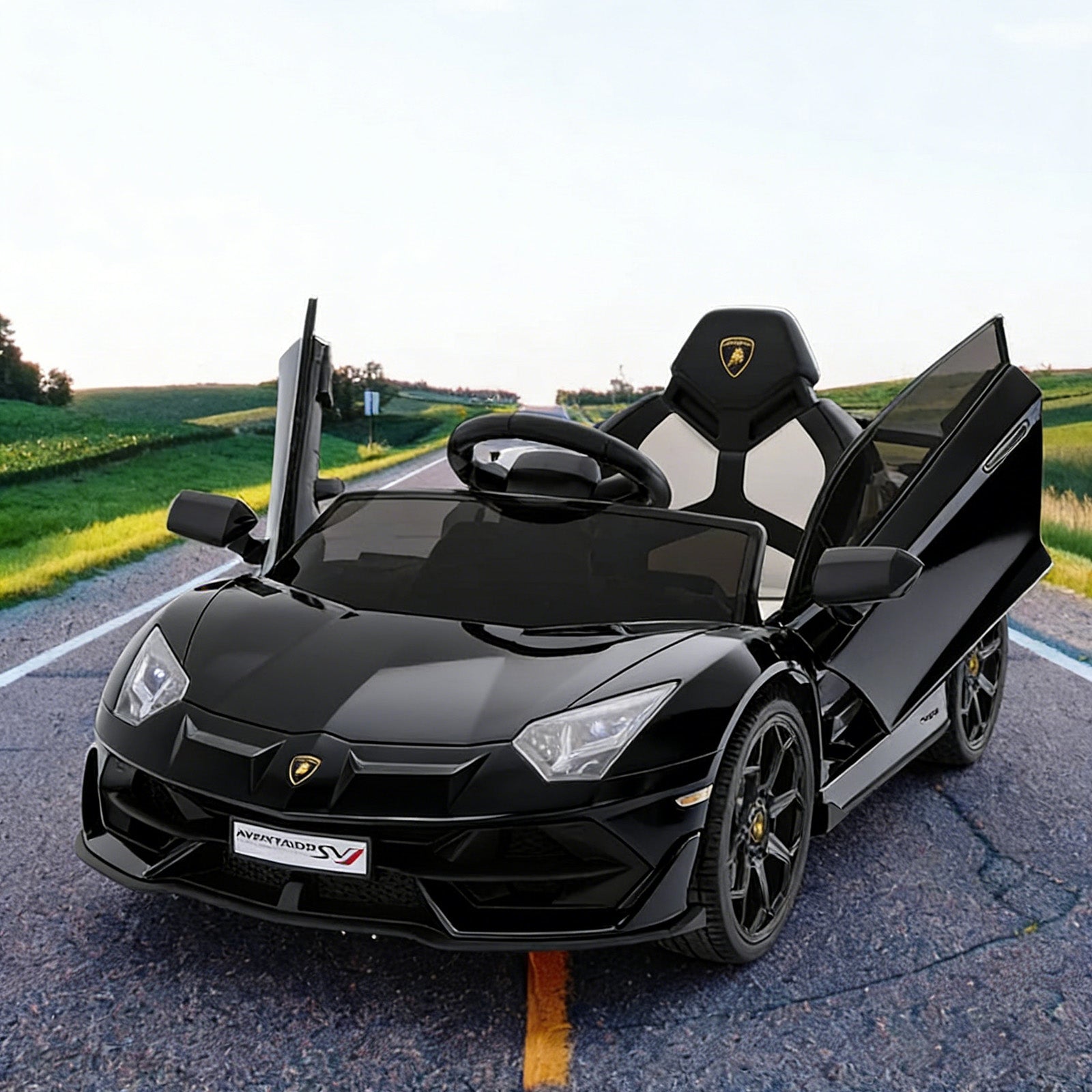 Garvee Coche Eléctrico 12V con Puertas Hidráulicas y Suspensión de Muelles Control Remoto 2.4G para Niños 3-8 Años Negro