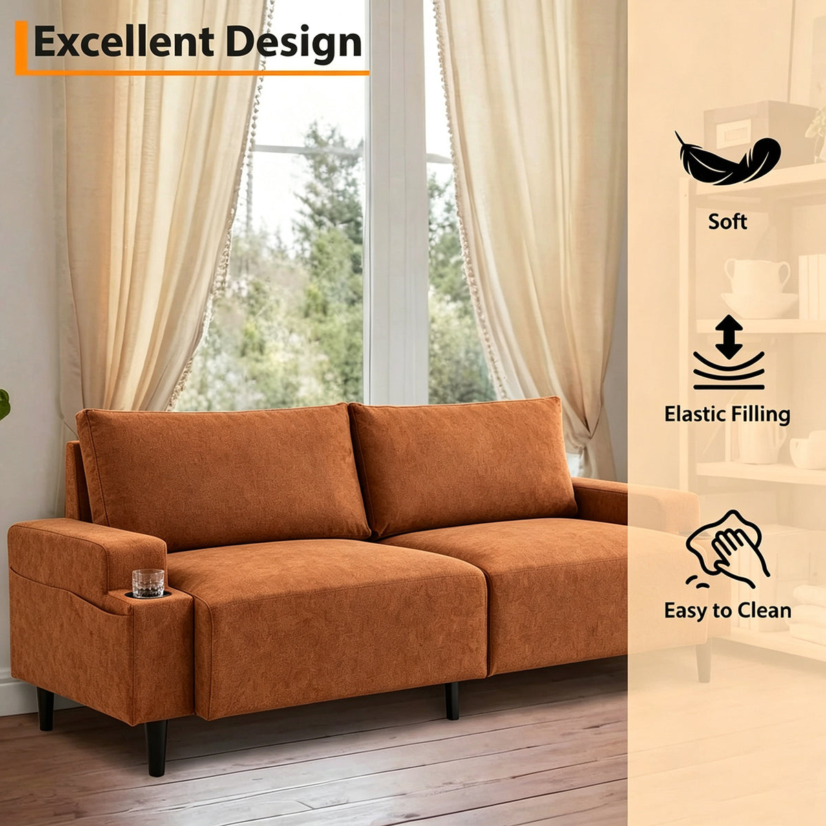 Garvee Sofa de Tres Plazas en Cuero Sintetico PVC con Asiento Profundo Comodo y Estructura Resistente Soporta 385 kg, Marron