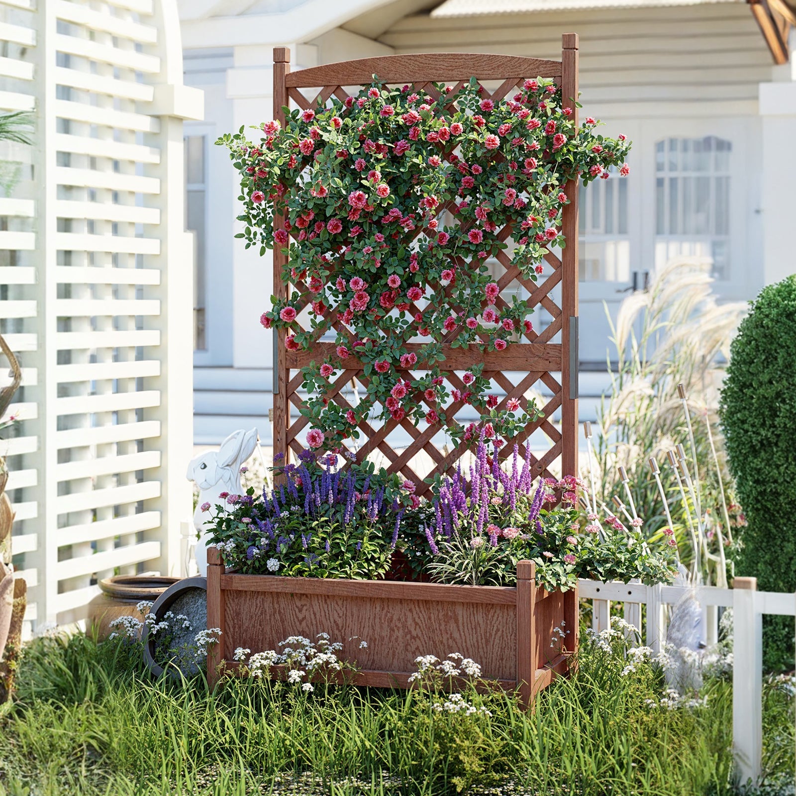 Garvee Jardinera de Madera Con Enrejado y Ruedas Para Patio y Jardín 75x33x150 Cm Café