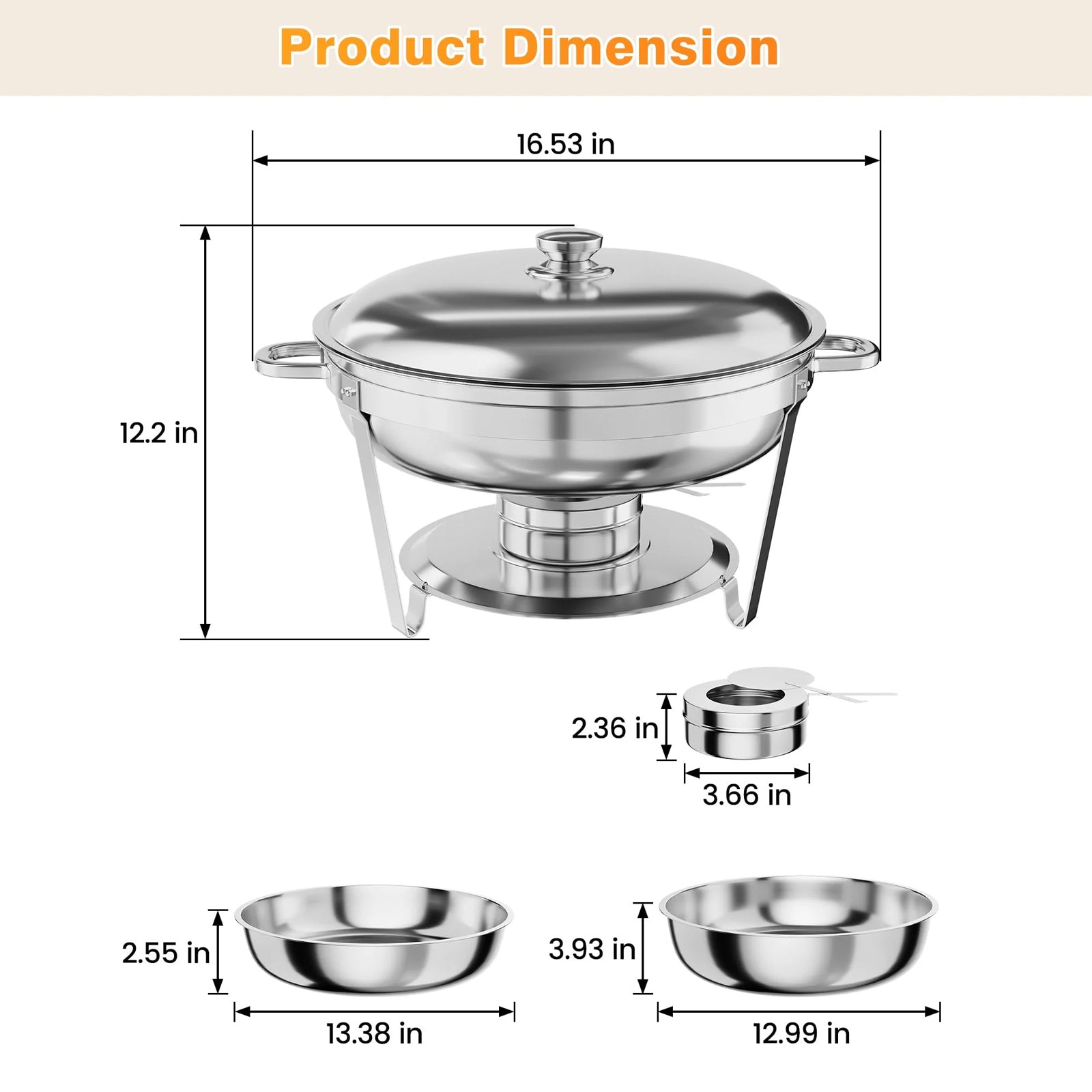 Garvee Juego De 2 Bandejas De Acero Inoxidable 4.7L Con Tapa Y Soporte Para Eventos Y Banquetes, Mantiene Temperatura, Fácil De Instalar