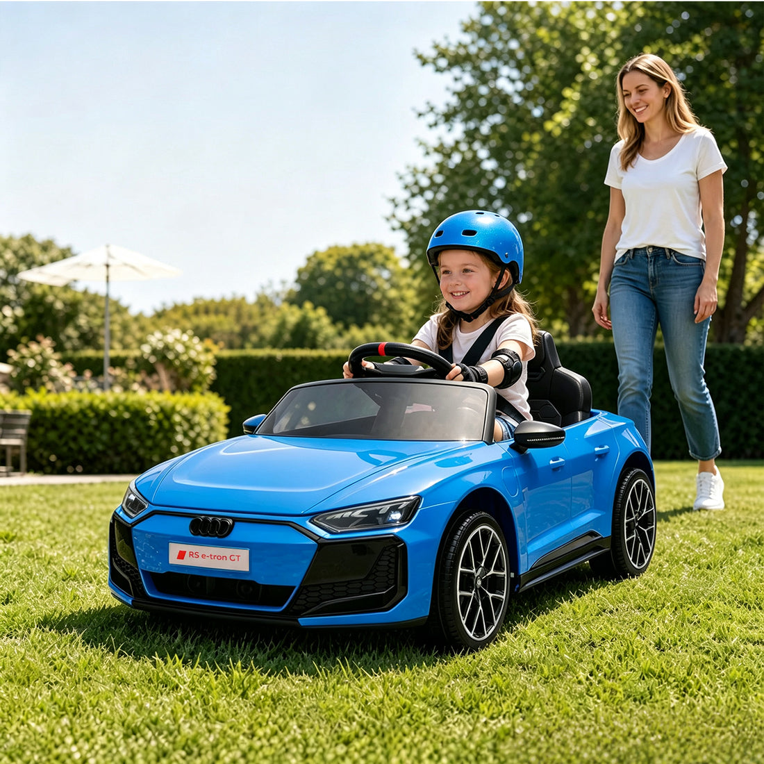 Garvee Coche Eléctrico Infantil Deportivo Licencia Oficial Audi Batería 12V Doble Motor Mando a Distancia 2.4GHz Luces LED Arranque Suave Asiento con Cinturón Azul