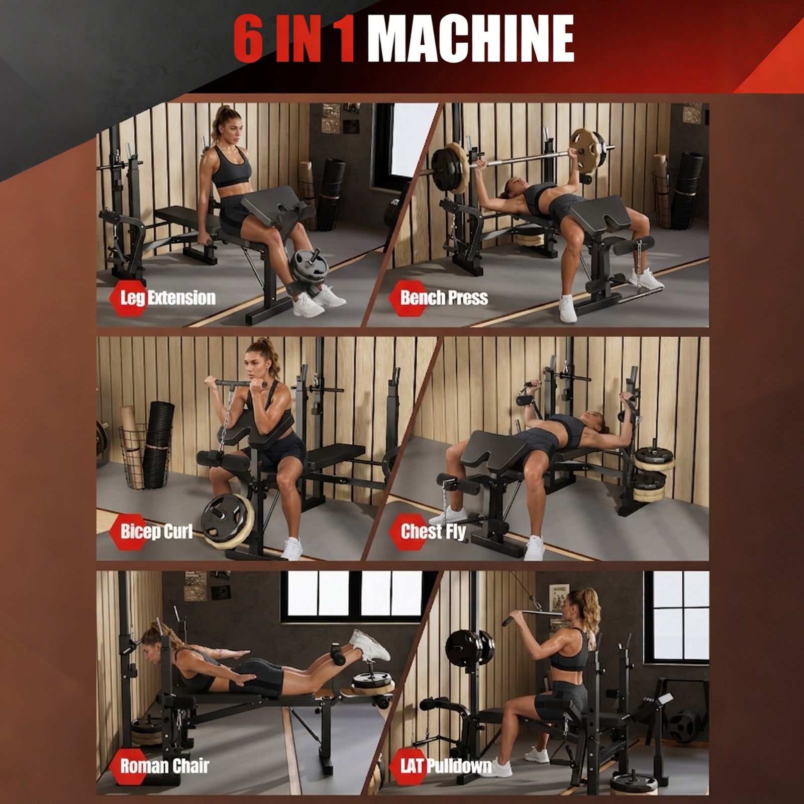 Garvee Banco de Pesas Plegable con Extensión de Piernas y Almohadilla Curl Preacher, Ajustable, Acero Resistente, Multi-Posición, Entrenamiento En Casa, Negro