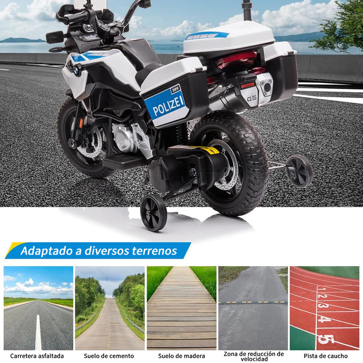 Garvee Motocicleta Infantil Policía 12V 7Ah, 2 Velocidades y MP3, Material Duradero, LED y Suspensión, Ruedas de Apoyo, 3-6 años, Exterior, Blanco