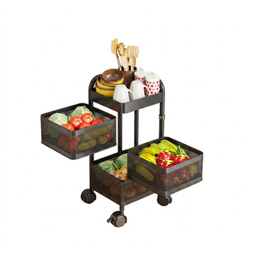 Garvee Carro Organizador Cuadrado de Acero al Carbono 3 Niveles Cestas de Malla Ruedas 360° con Freno para Cocina y Baño Negro