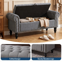 Garvee Banco Otomano Tapizado de Lino 130 cm con Almacenamiento Oculto, Pie de Cama con Reposabrazos y Patas de Madera, Gris