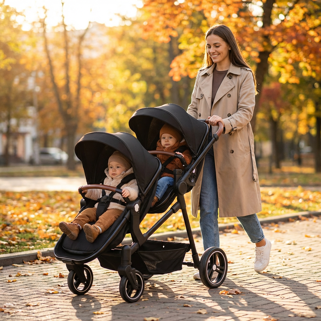 Garvee Carro Gemelo Doble Pista para Bebé y Niño Pequeño, Cochecito Plegable con Mameluco, Respaldo Reversible y Ajustable en Múltiples Posiciones, Canasta de Almacenamiento Grande y toldo, Negro