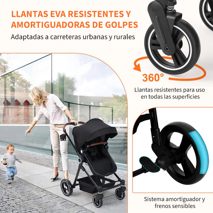 Carrito bebe ruedas multifuncionales absorción impactos bloqueo delantero frenos emergencia traseros control