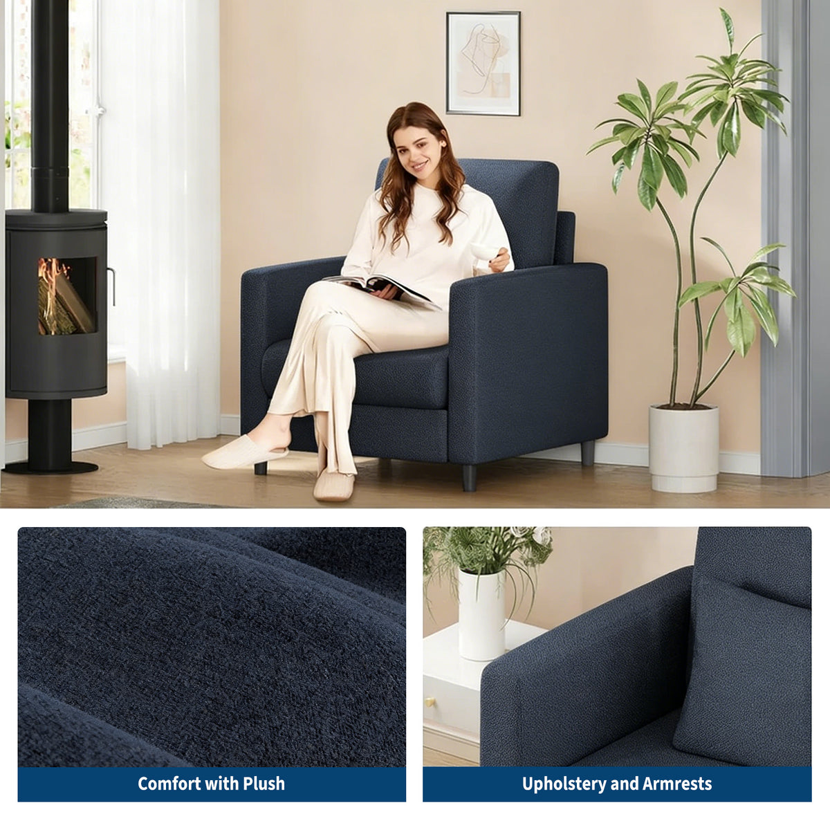 Garvee Sofá 1 Plaza con Respaldo Ergonómico y Cojines, Tela Teddy Duradera, Patas de Madera, Compacto para Salón y Dormitorio, Blanco, 86x76cm