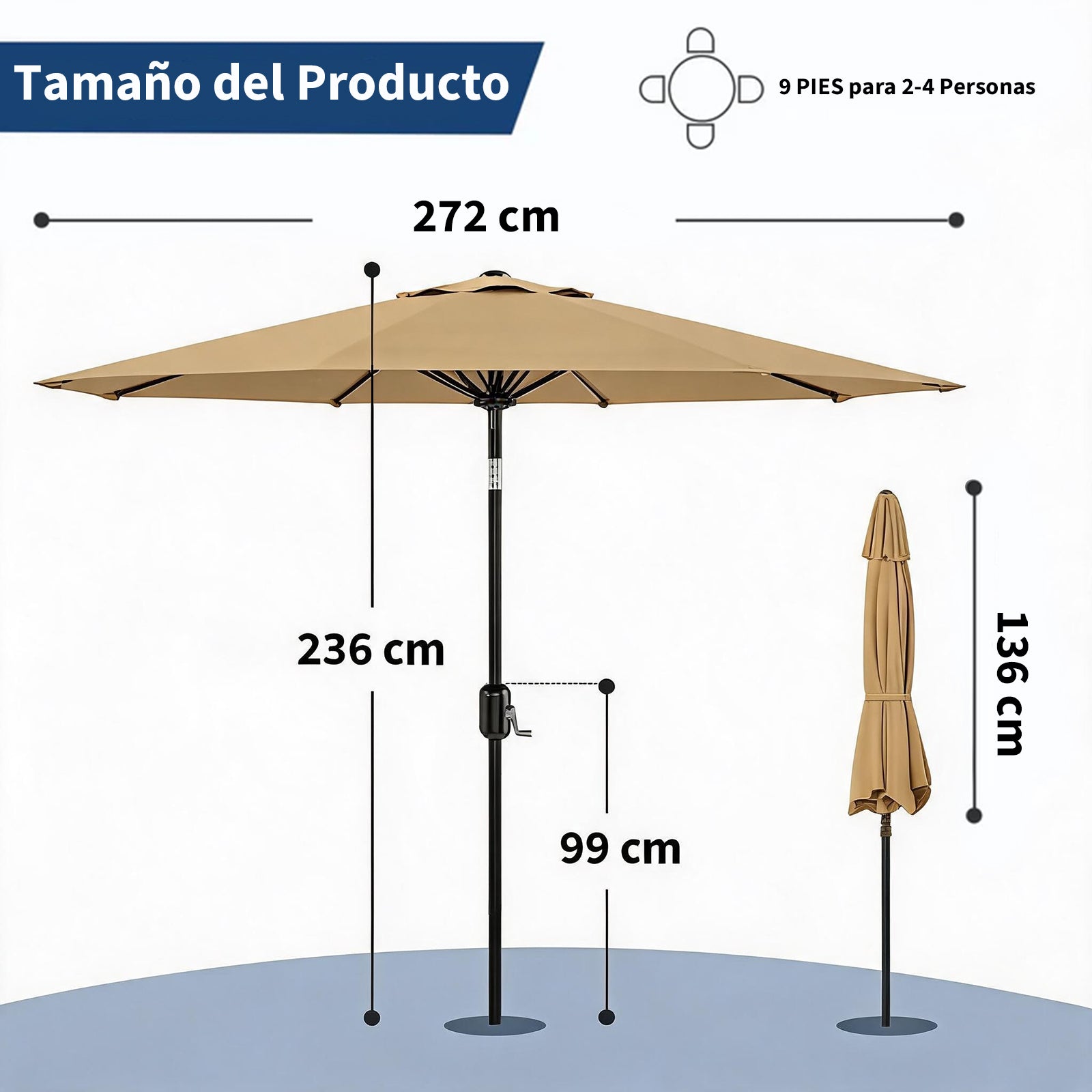 Garvee Sombrilla de Jardín Caqui de 270 cm Parasol de Terraza con Manivela e Inclinación 180° UV50+