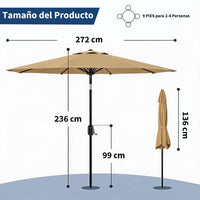 Garvee Sombrilla de Jardín Caqui de 270 cm Parasol de Terraza con Manivela e Inclinación 180° UV50+