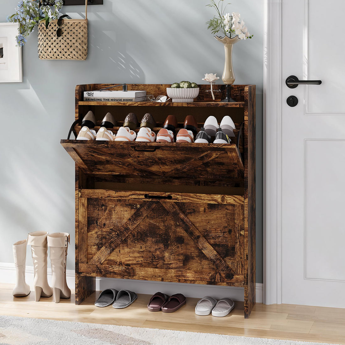 Garvee Zapatero Estrecho de Recibidor con 2 Cajones Abatibles Organizador de Zapatos Oculto de Madera MDF y Patas Metálicas Mueble Estilo Industrial Rústico, Marrón