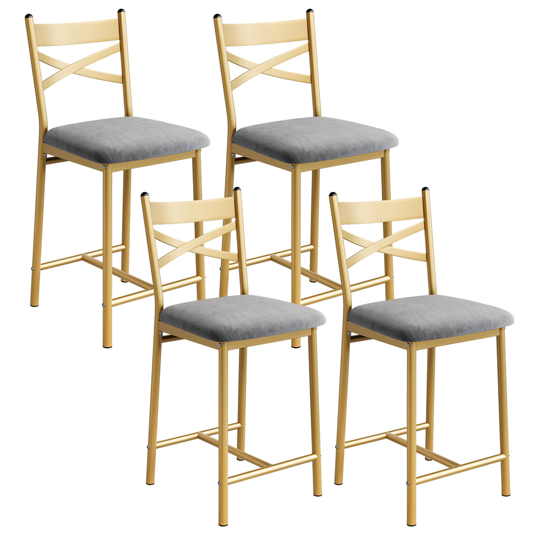 Garvee Conjunto de 4 Taburetes de Bar Tapizados, Altura de Mostrador, Respaldo Ergonómico, Reposapiés, Espuma Densa, Estructura Metálica Dorada Para Cocina o Isla
